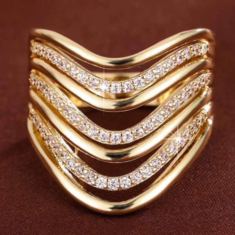 Women's Multi-Layer V-Shaped Synthetic Zirconia Wide Ring, Luxury